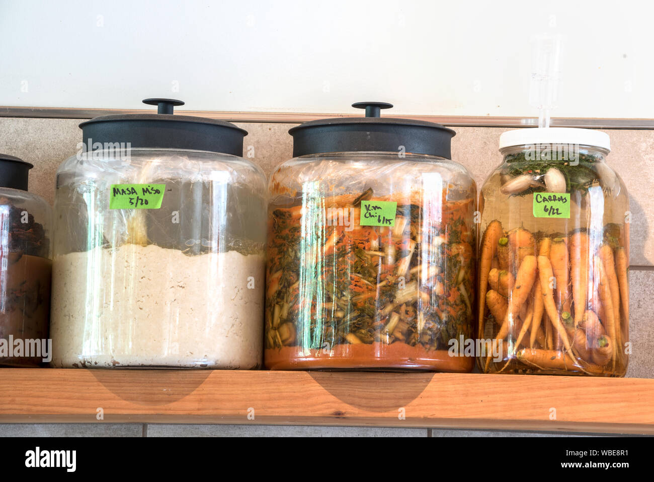 La fermentation du masa le miso, carottes et kim chi dans la cuisine de l'Minam River Lodge dans les montagnes de l'Oregon Wallowa. Banque D'Images