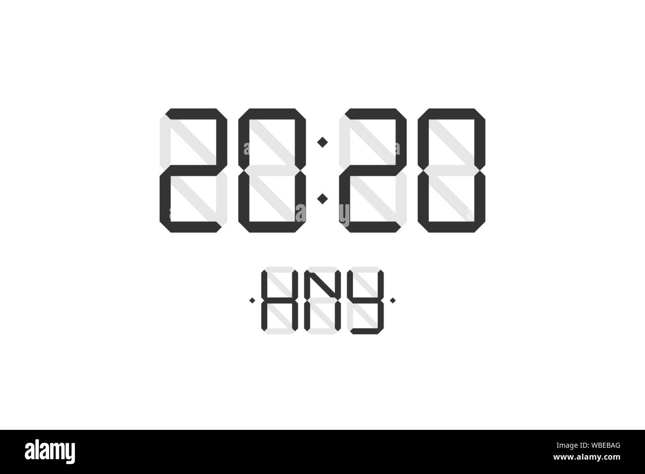 Carte de Noël joyeuse pour le nouvel an avec affichage numérique lcd, horloge numérique, chiffres 2020 et lettres HNY noires sur fond blanc. Illustration vectorielle de calendrier de fête de Noël Illustration de Vecteur