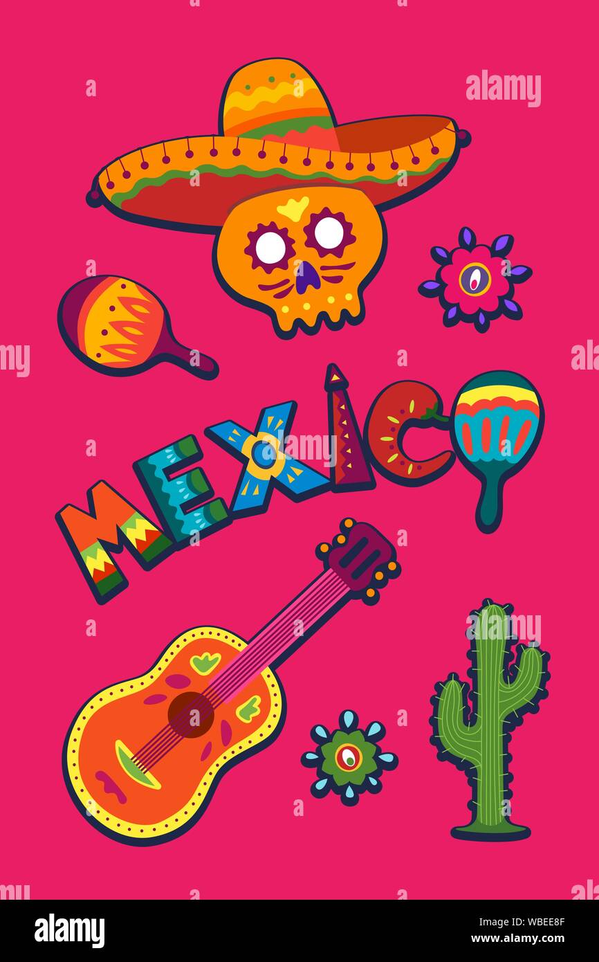 Collection d'éléments de bannière typographiques du Mexique avec ensemble de décorations de texte coloré. Illustration plate rose latino de fête mexicaine sombrero et cactus, idéale pour les fêtes nationales Illustration de Vecteur