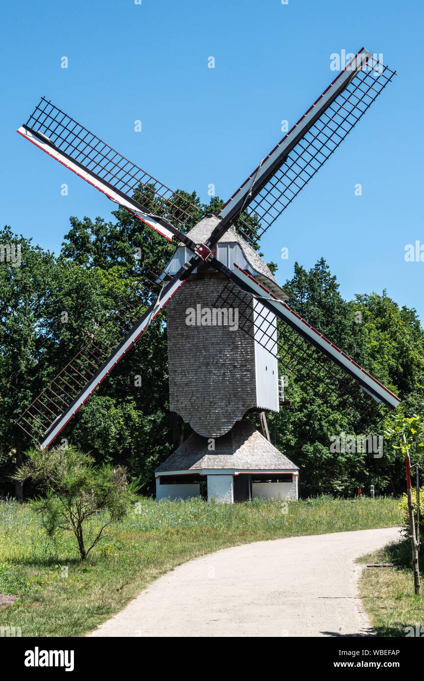 Bokrijk, Belgique - 27 juin 2019 : Moulin de Schulen est situé dans un environnement de prairie et entouré d'arbres sous ciel bleu. Pas de voiles sur les extensions. Banque D'Images