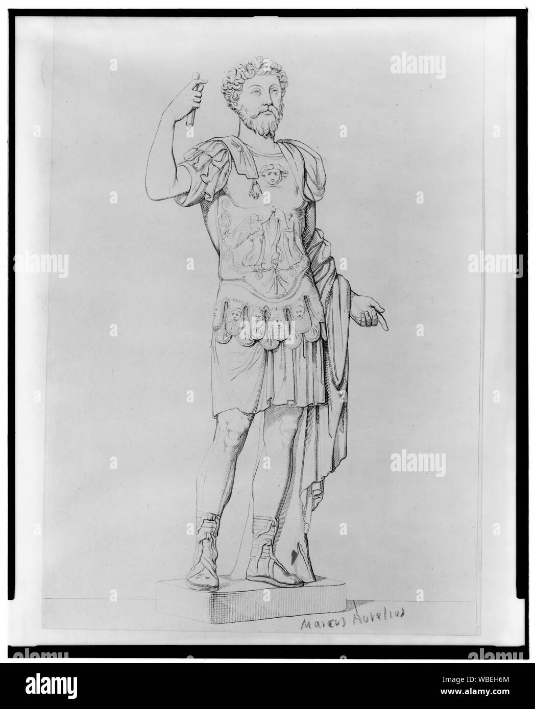 Grande statue de Marc Aurèle, empereur de Rome, debout face à face Abstract/moyenne : 1 gravure : lithographie. Banque D'Images