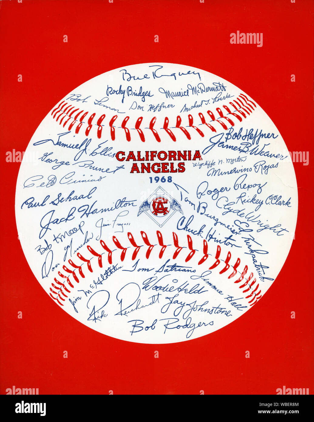 Carte Souvenir de l'équipe de baseball 1968 Californie Angeles avec facsimilie autographes des joueurs des équipes, Banque D'Images