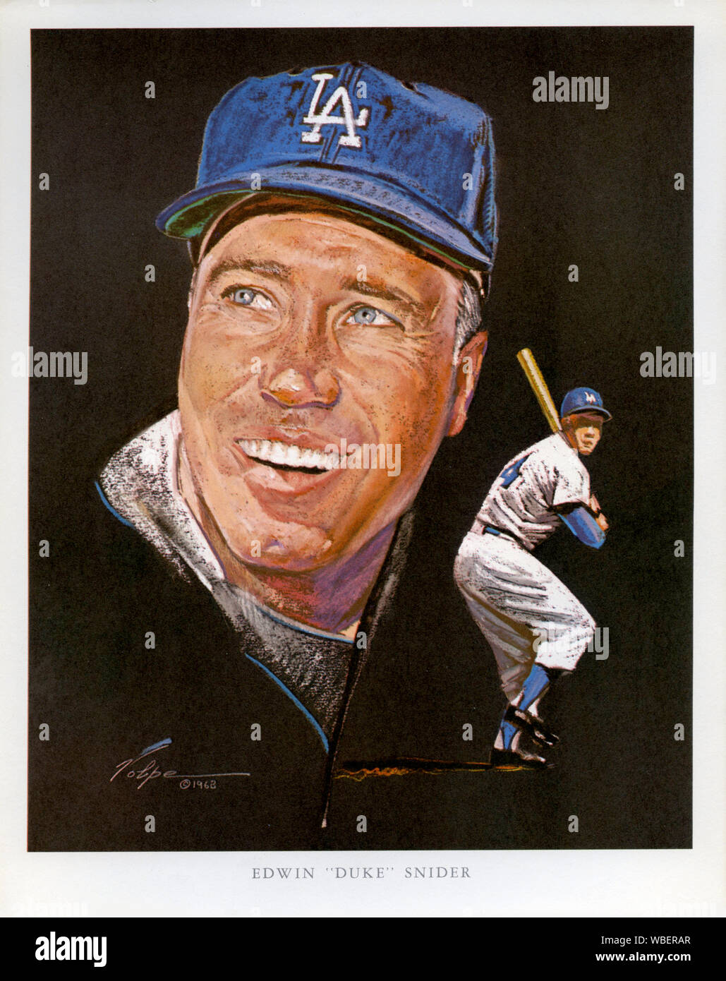 Dvd portrait de Duc Snider peint par Nicolas Volpe pour une promotion des Dodgers de Los Angeles, donner dans les années 60, souvenirs Banque D'Images