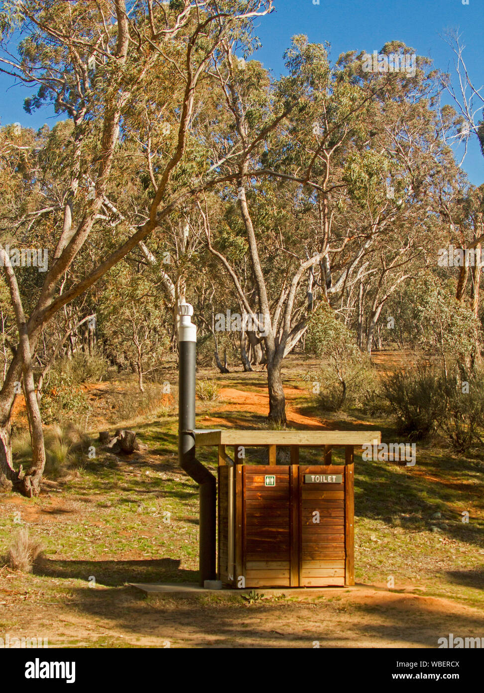 Construction Bois, toilettes, bush dunny, pit loo, long drop toilettes, dans les bois de grands eucalyptus du rural Aire de pique-nique dans le NSW Australie Banque D'Images