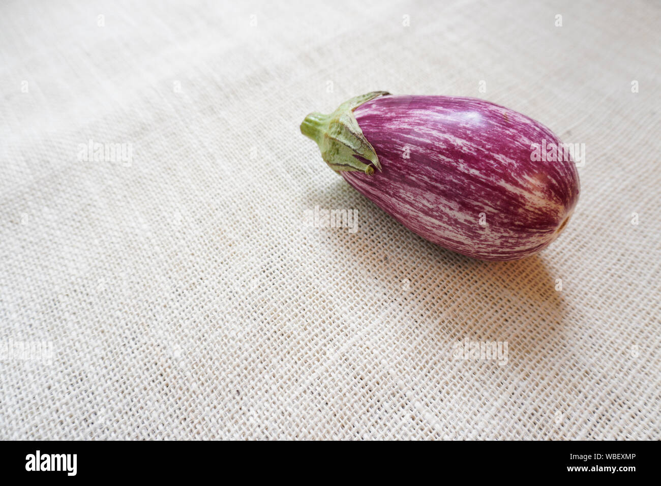 Une récolte d'aubergines du jardin repose sur un tissu de toile rustique Banque D'Images