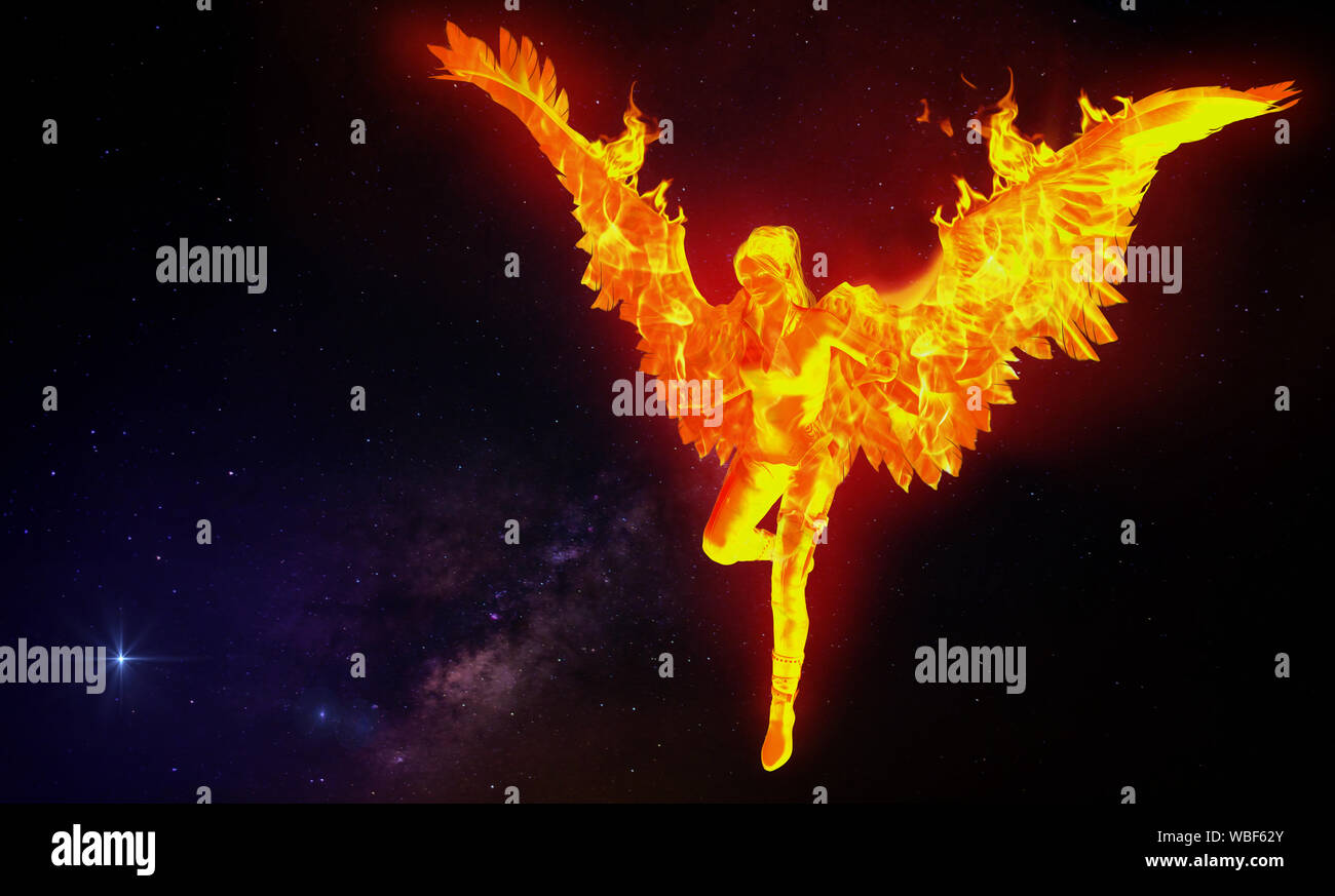Un art d'un oiseau mythologique connu sous le nom de phoenix, une fille humaine avec des ailes en feu dans l'espace arrière-plan. Banque D'Images