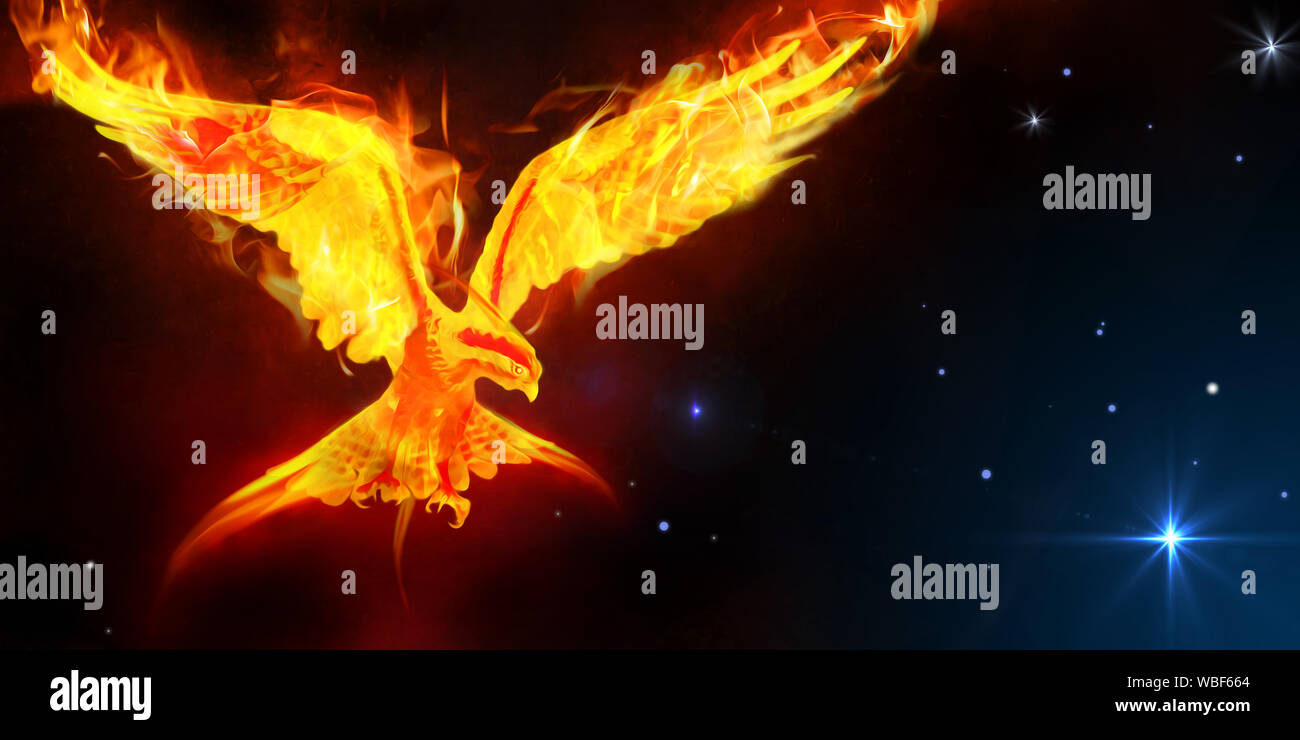 Un art d'un oiseau mythologique connu sous le nom de phoenix, un oiseau de feu sur l'arrière-plan dans l'espace. Banque D'Images