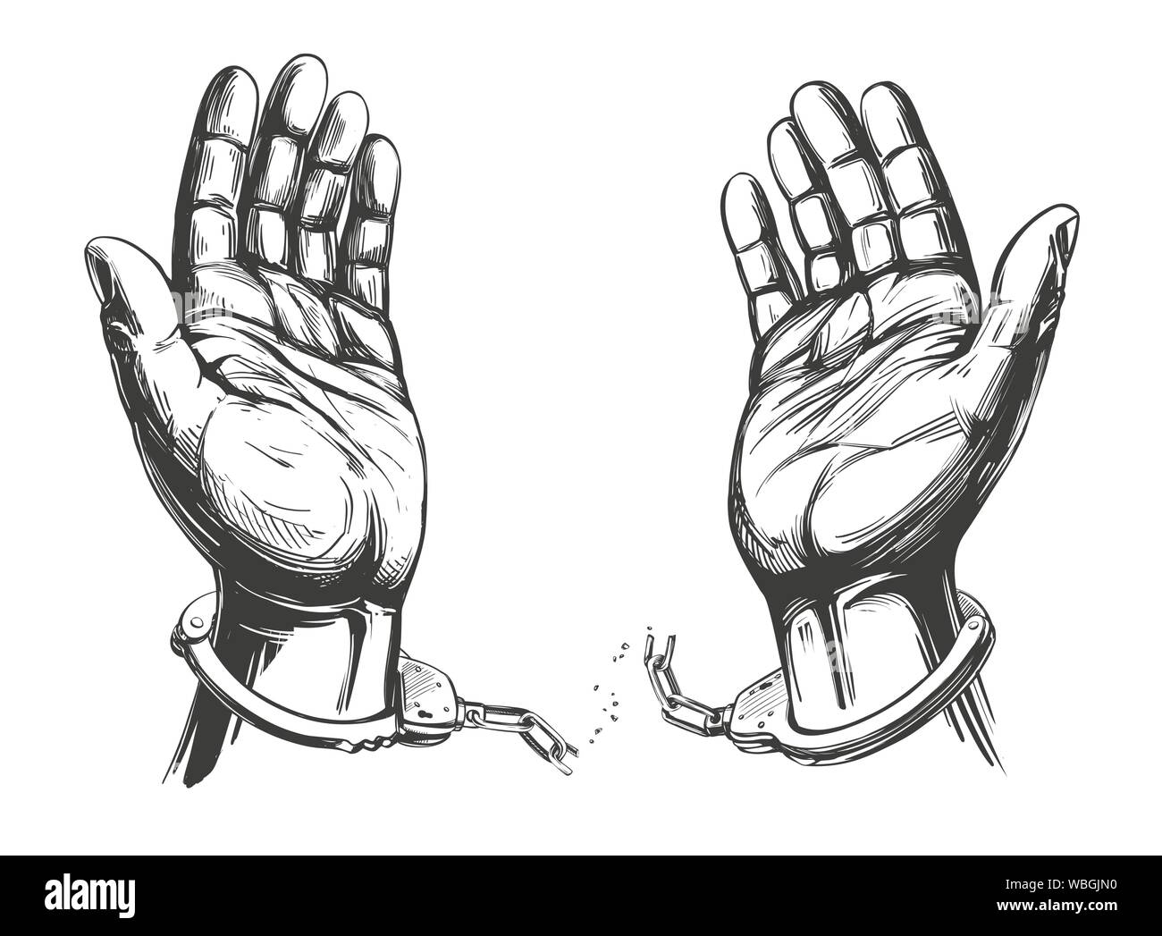Mains briser la chaîne des menottes, un symbole de liberté et de pardon à la main l'icône vector illustration croquis. Illustration de Vecteur