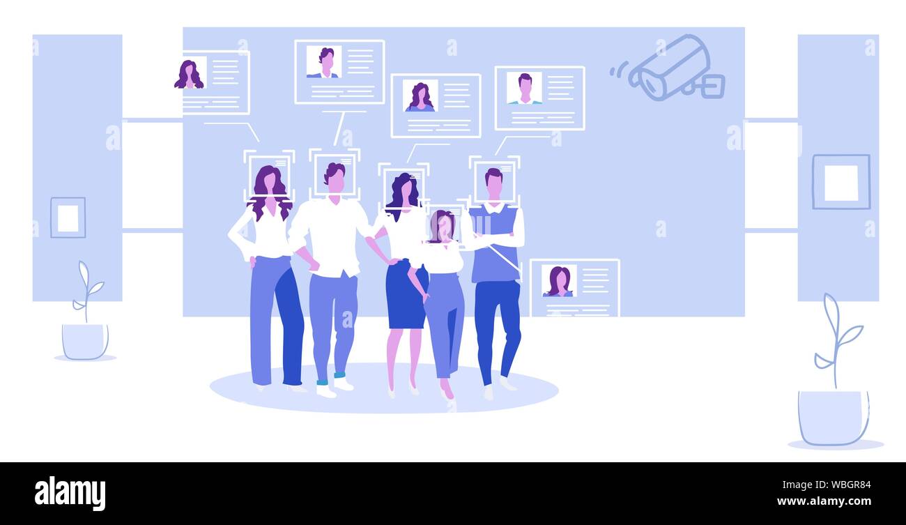 Les employés de l'entreprise Groupe d'affaires caméra de sécurité CCTV d'identification du système de reconnaissance faciale technologie numérique pleine longueur du croquis Illustration de Vecteur