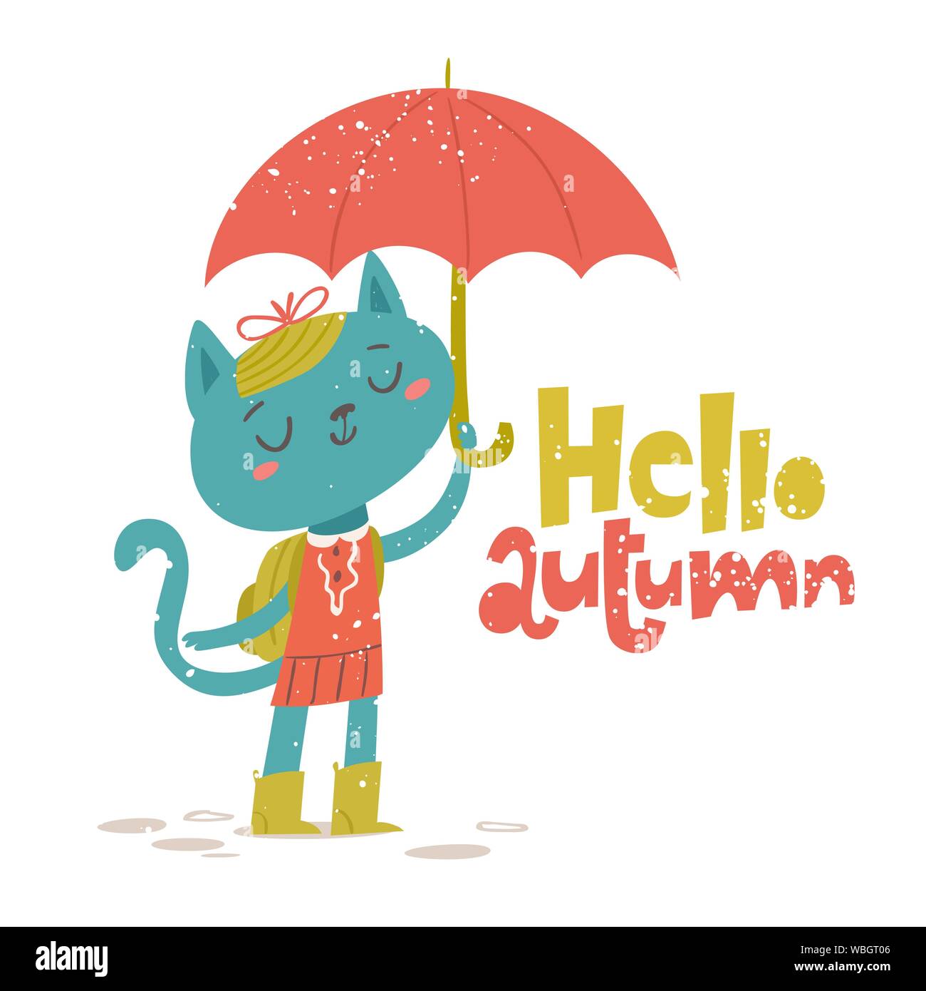 Bonjour Automne poster avec cat avec un parapluie Illustration de Vecteur