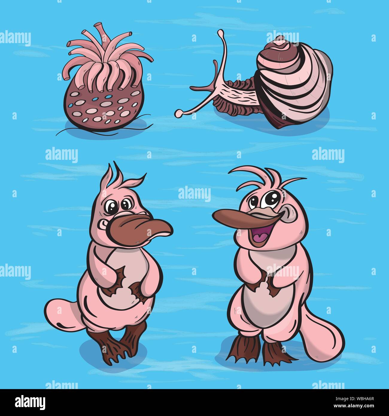 Caractères d'illustration vectorielle, habitants de la mer et les mollusques platypus d'algues sur un fond texturé Illustration de Vecteur