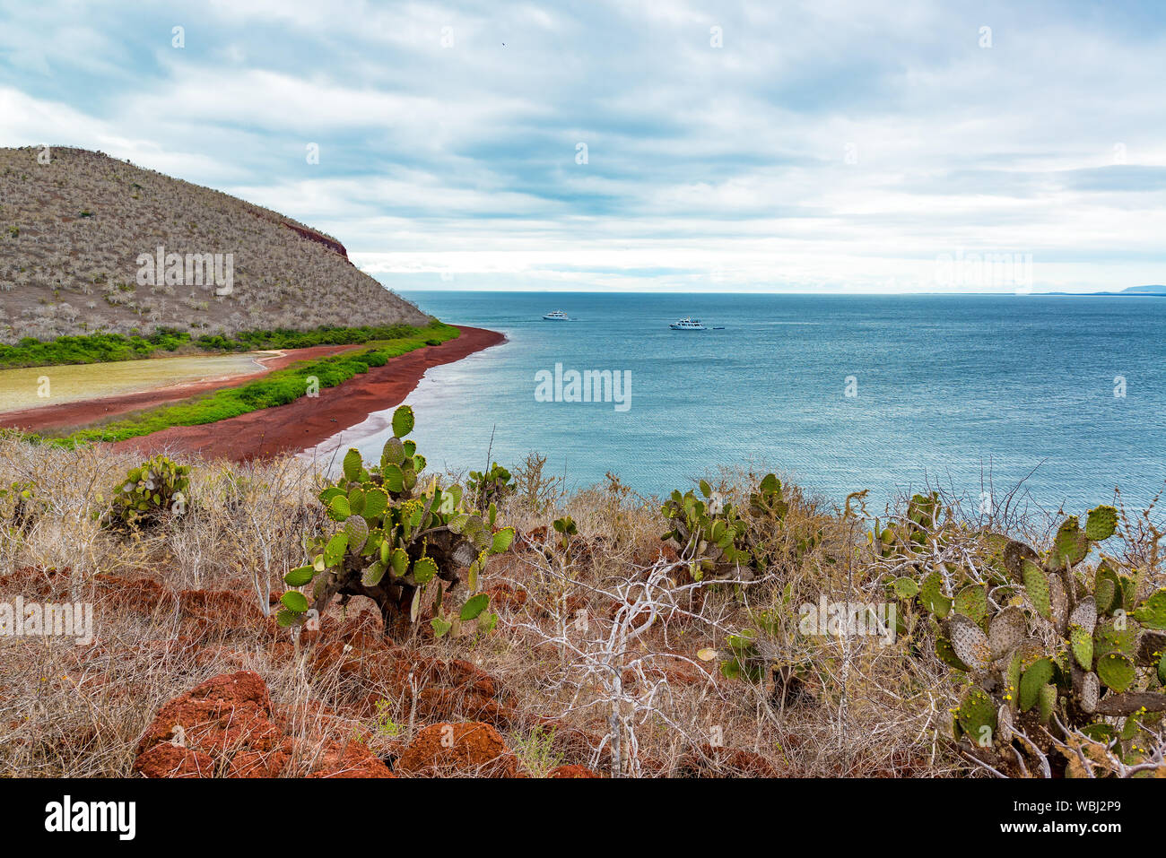 Vue panoramique sur mer et colline contre ciel nuageux au parc national des Îles Galapagos Banque D'Images