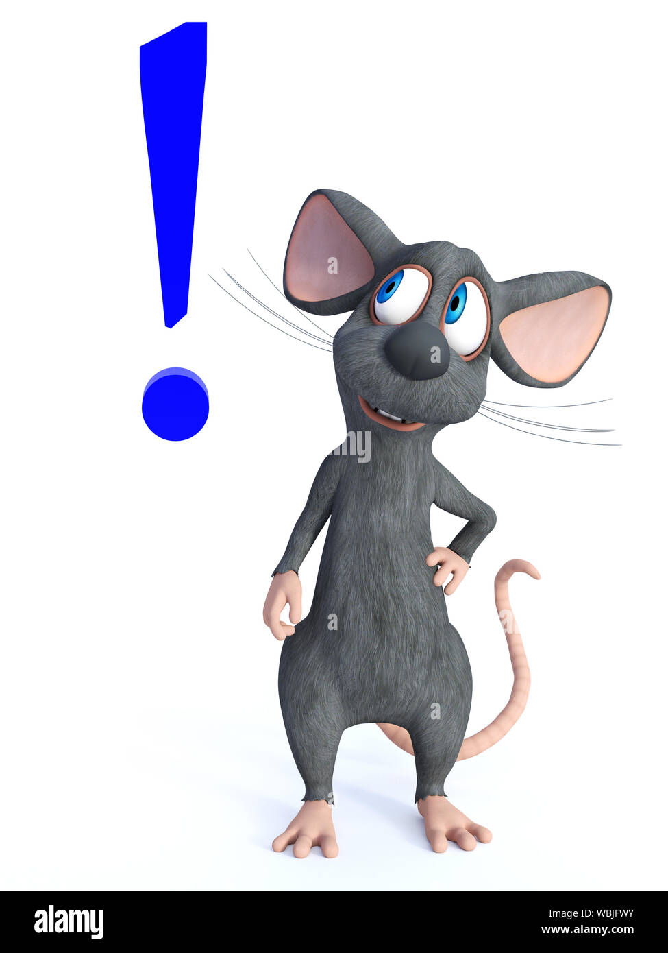 Le rendu 3D d'un dessin animé mignon souriant à la souris à un gros point d'exclamation bleu à côté de lui. Arrière-plan blanc. Banque D'Images