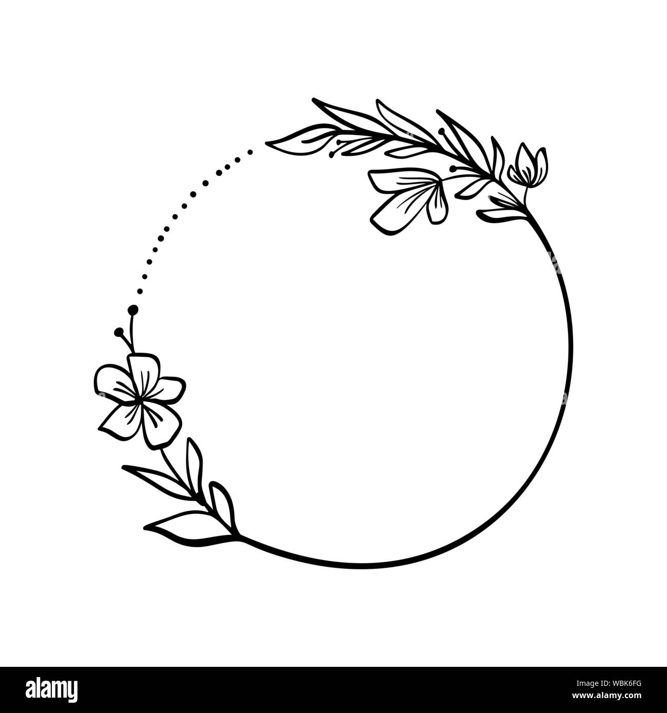 Image de couronne, avec feuilles et branches de fleurs. Conception de décor avec place pour votre texte isolé sur blanc. Herbes et fleurs dessiné garland. Handdrawn Illustration de Vecteur