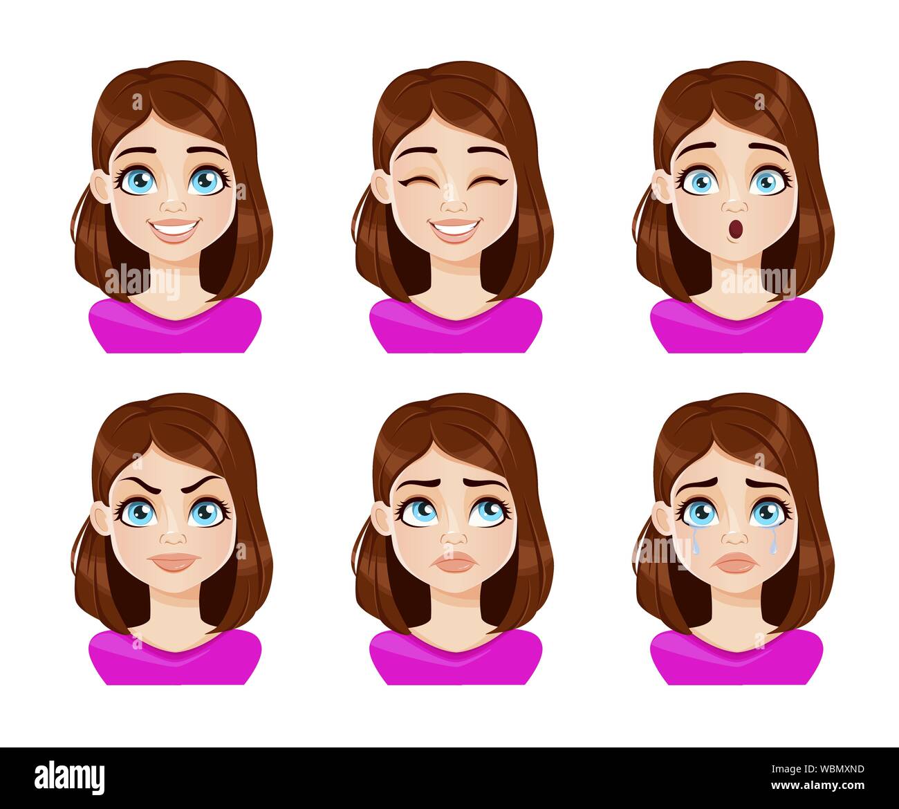 Les expressions du visage de femme chemisier violet. Femme différentes ...