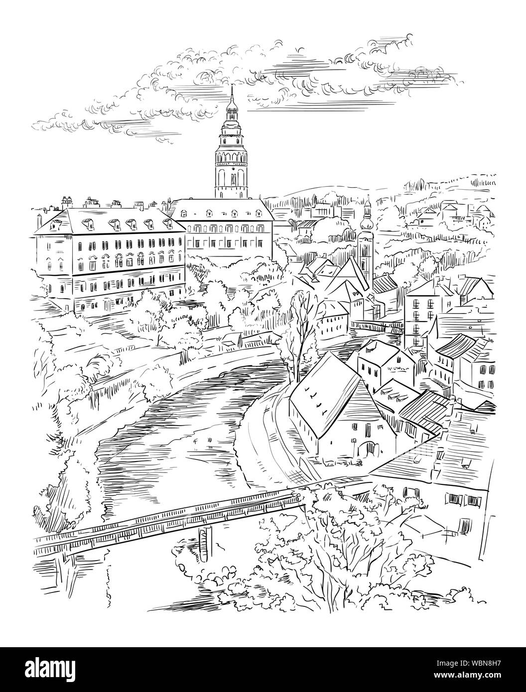 Vector Illustration de dessin à la main vue panoramique de la ville de Cesky Krumlov. Vue aérienne sur les toits, château et rivière. Monument de la République tchèque. Je vecteur Illustration de Vecteur