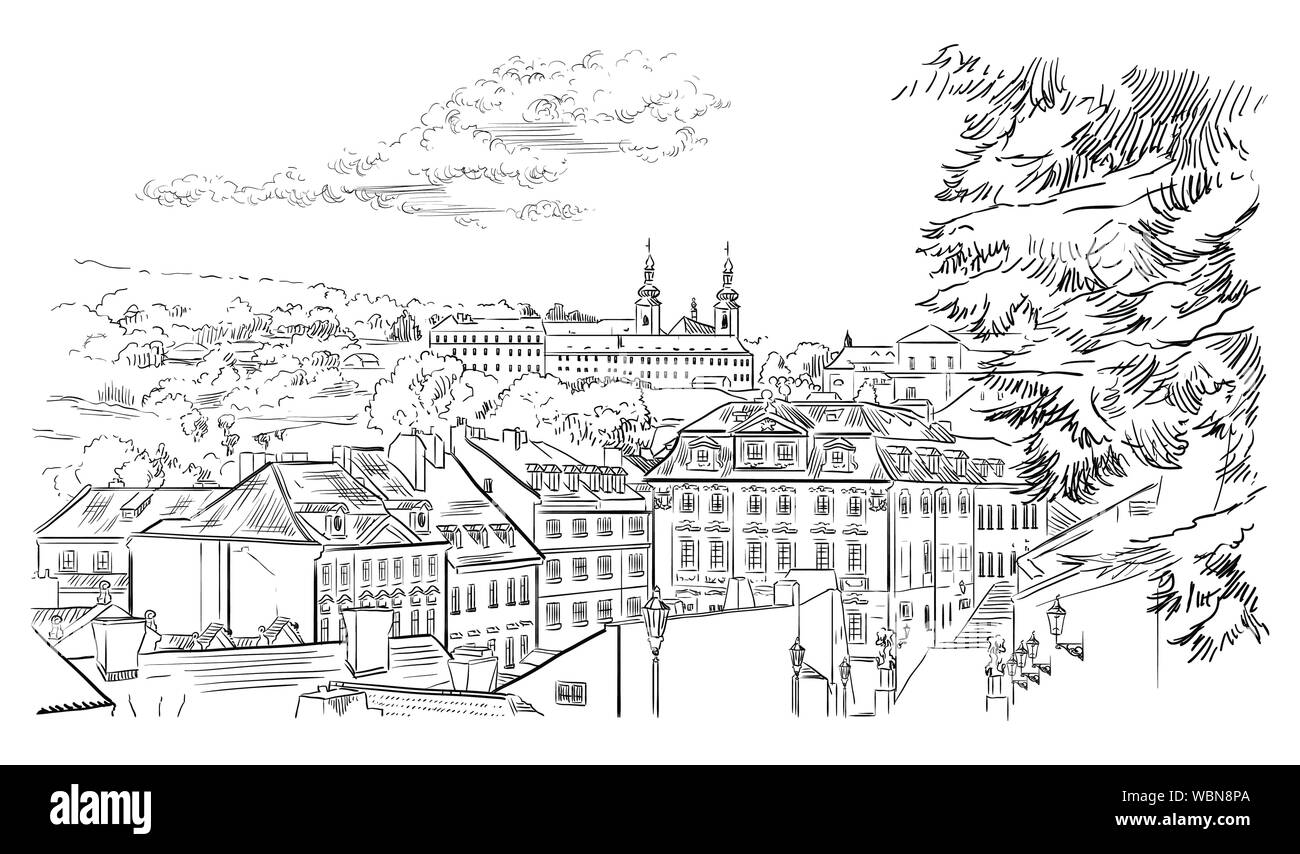 Vector Illustration dessin de paysage urbain panoramique de Prague. Le monastère de Strahov et toits de Prague. Monument de Prague, République tchèque. Je vecteur Illustration de Vecteur