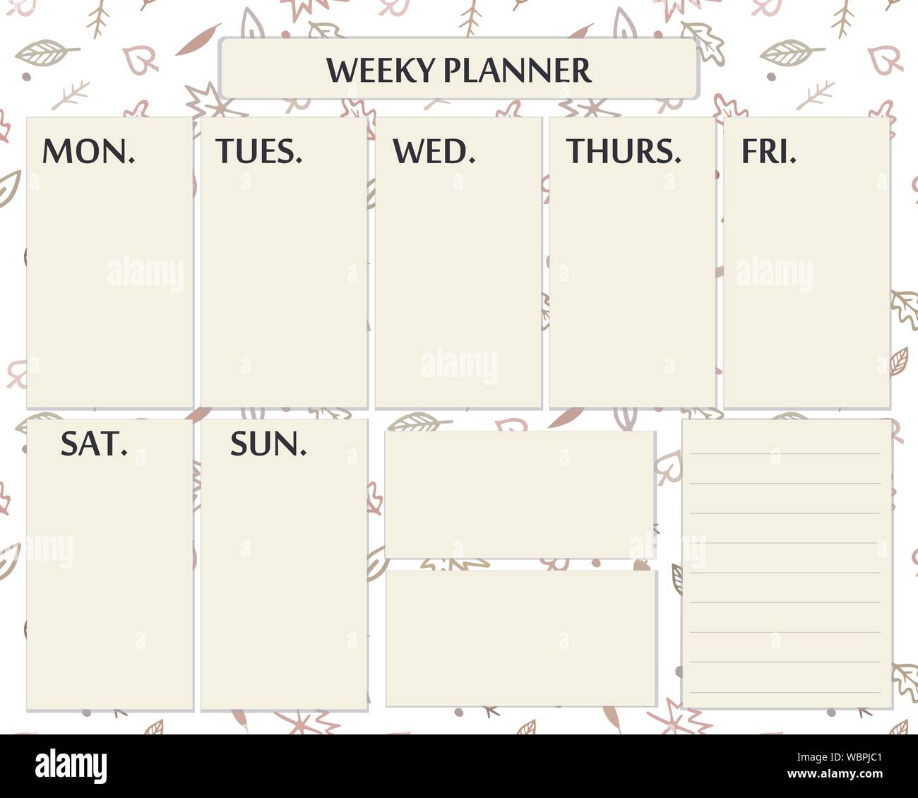 Conception de modèles de page agenda hebdomadaire pour l'automne. Page mignon pour tous les jours les plans et note avec doodle les feuilles d'automne Illustration de Vecteur