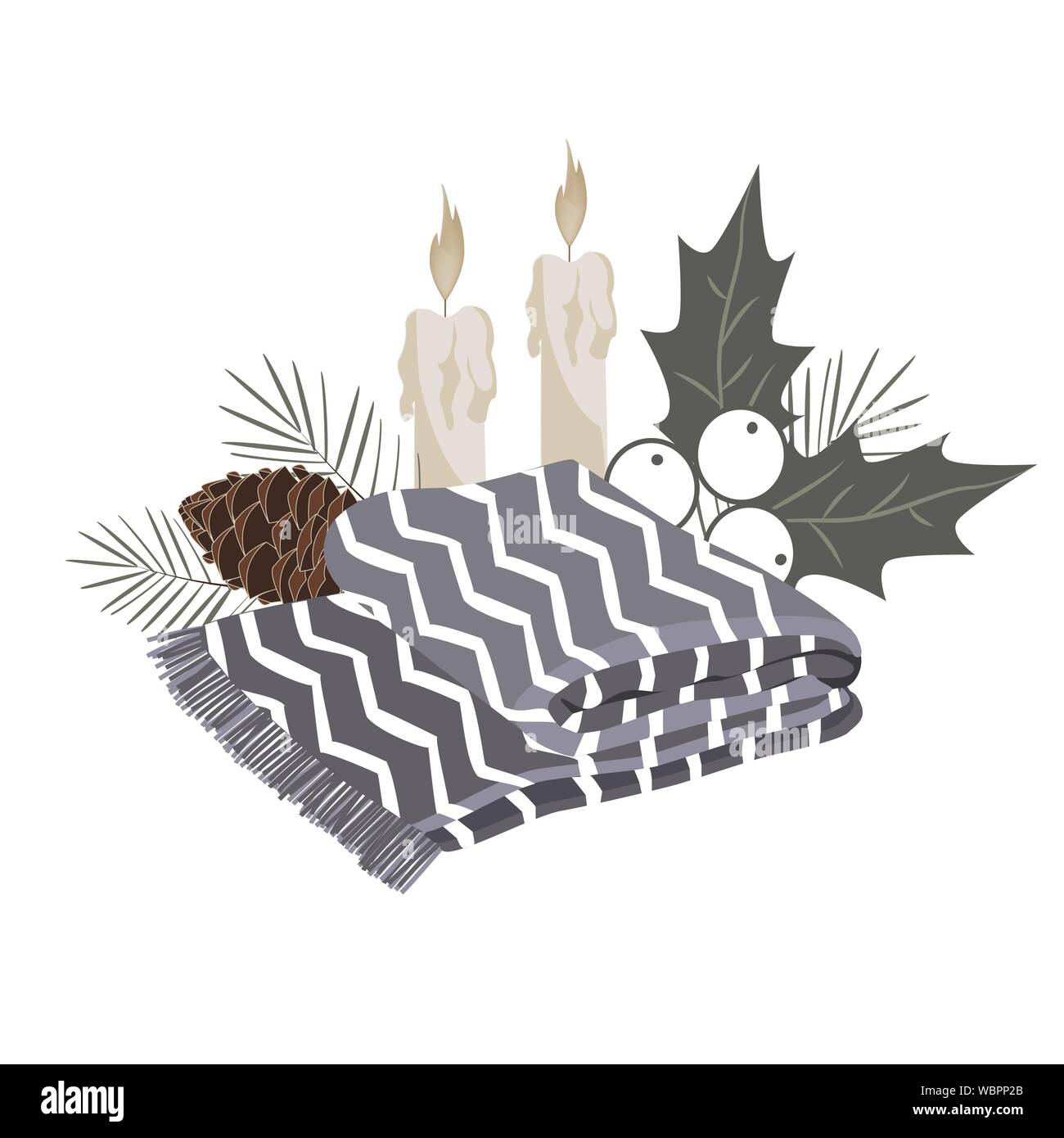 Minimailstic la composition de Noël avec une couverture, et des branches d'arbre de Noël. Temps de Hygge Vector concept. Modèle confortable pour les cartes, scrapbooking Illustration de Vecteur