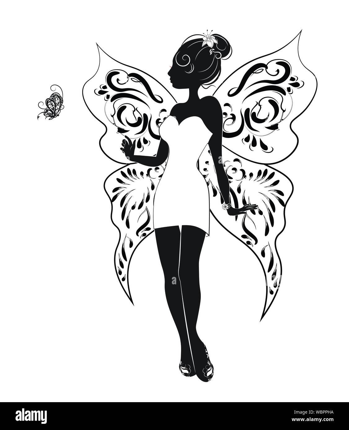 Silhouette de la belle fée svelte jeune fille en robe blanche, avec papillon Illustration de Vecteur