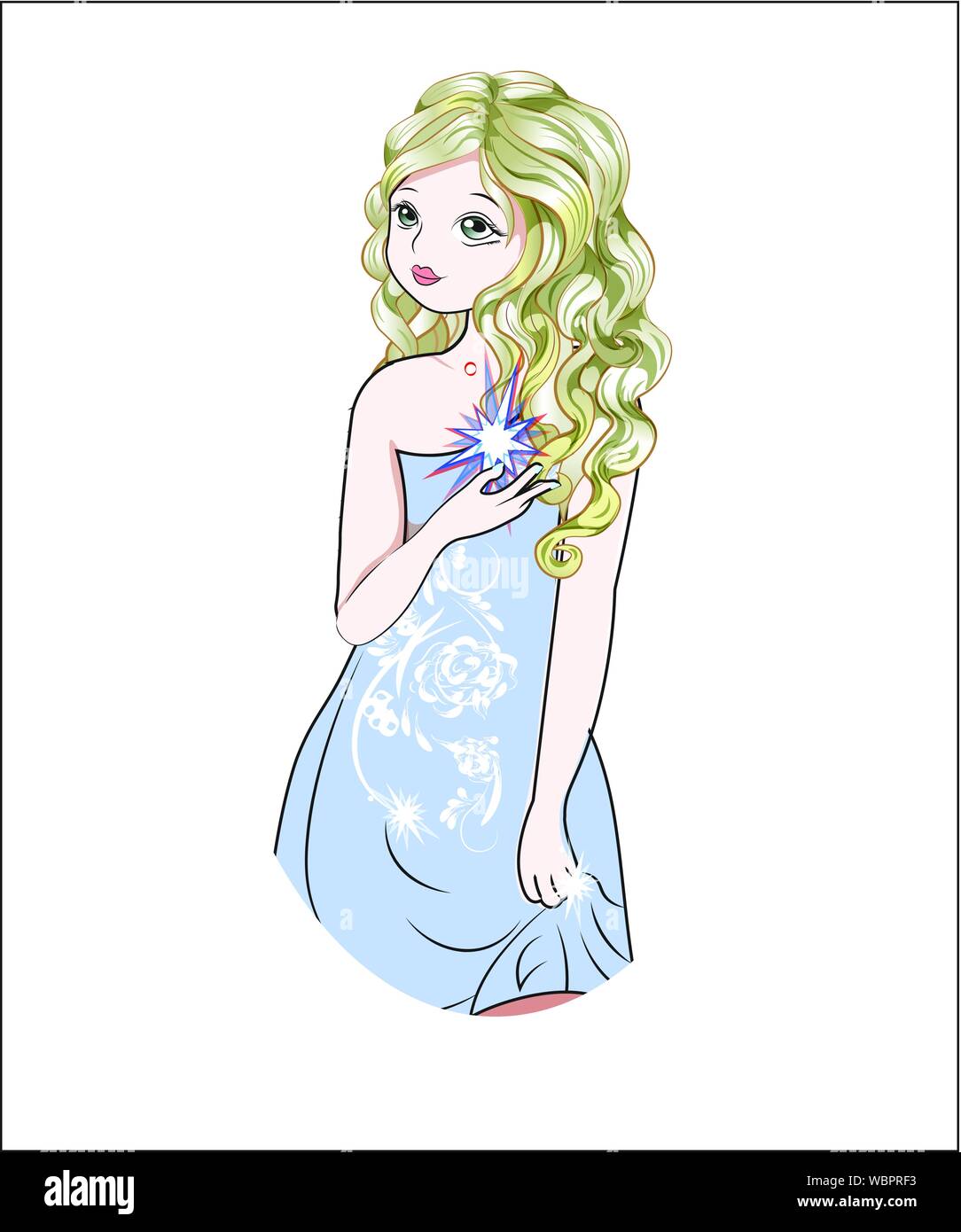 La fille avec les étoiles, dans une robe du soir, à blue frame pattern Illustration de Vecteur