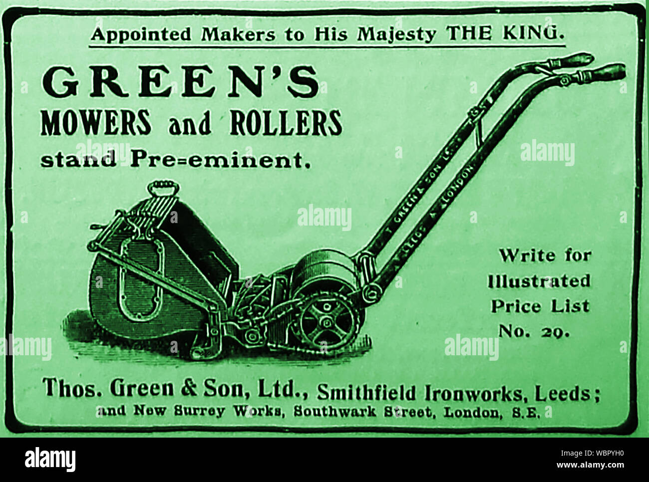 Un début de 1900 pictorial annonce pour tondeuses & rollers faite par Thomas Green & Sons, Smithfield Ironworks, Leeds et de nouvelles Œuvres de Surrey, Southwark Street, London, UK Banque D'Images