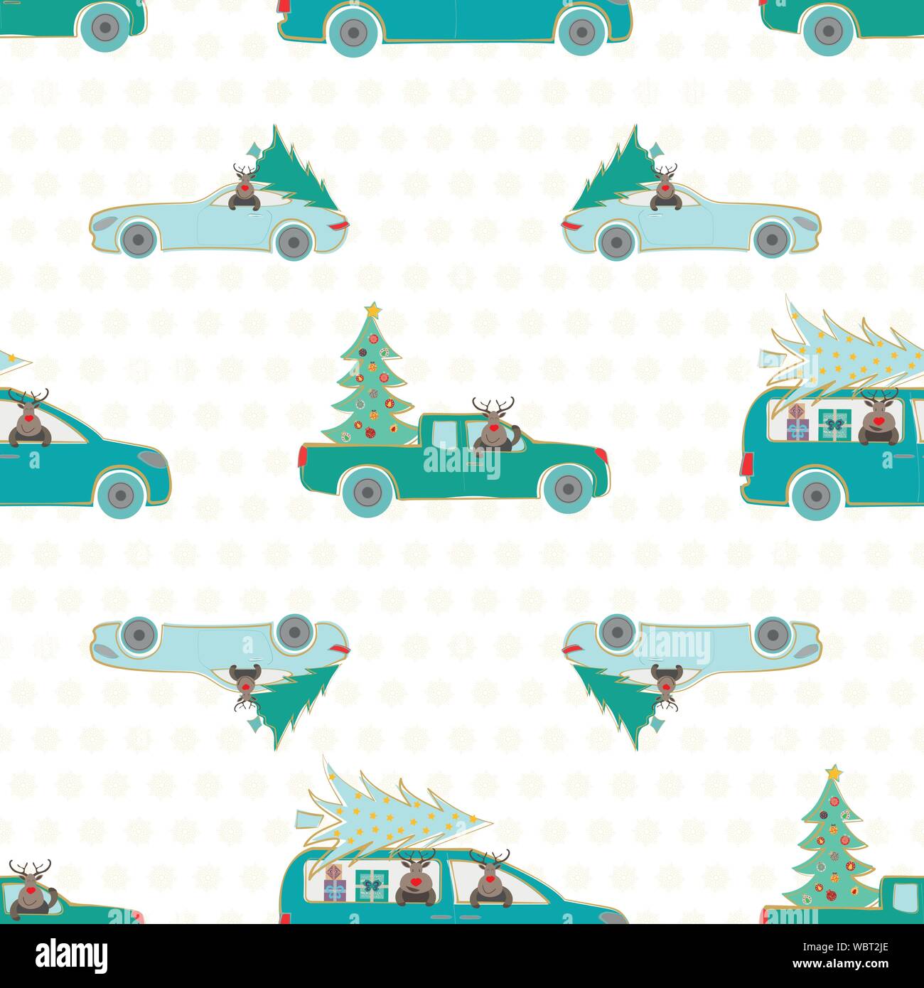 Paysage d'hiver avec cartoon renne, les voitures et les arbres de Noël. Modèle vectoriel continu dans la région de teal,or et blanc sur fond flocon. Super pour Illustration de Vecteur