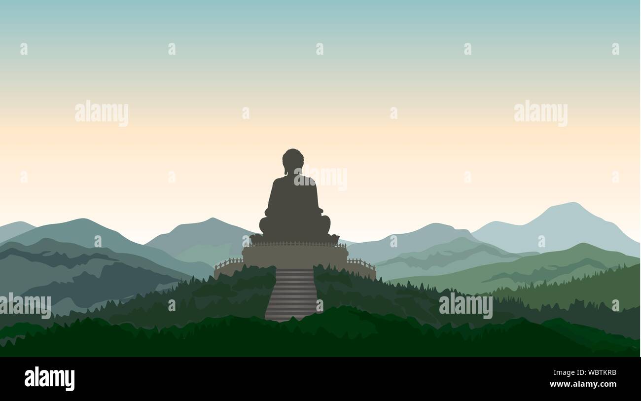 Statue de Bouddha en méditation sur le sommet de la colline. Paysage de montagne d'Asie. Horizon rural Illustration de Vecteur