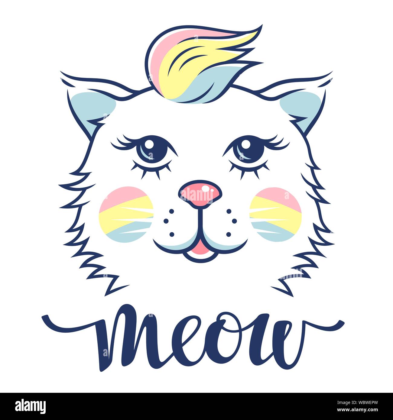 Chat mignon puéril pour t-shirt design. Cute kitten vector illustration en couleurs arc-en-ciel Illustration de Vecteur