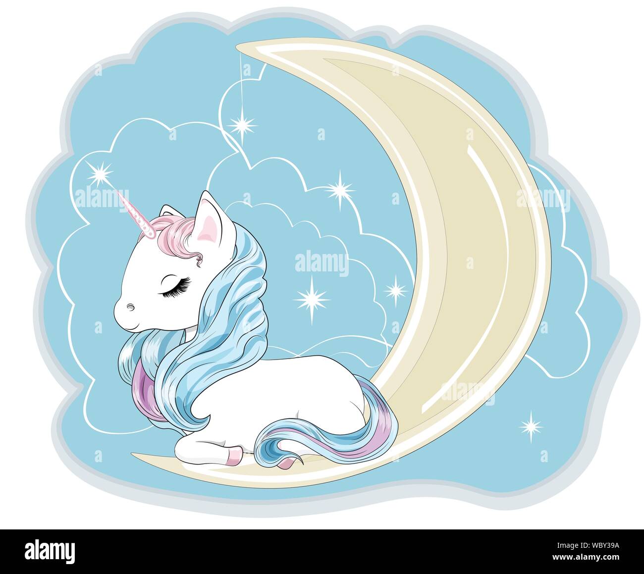 Magic white unicorn sur la lune avec une crinière et une queue, et les yeux clos, se trouve. Peut être utilisé pour t-shirt print, Kids wear fashion design, je douche de bébé Illustration de Vecteur