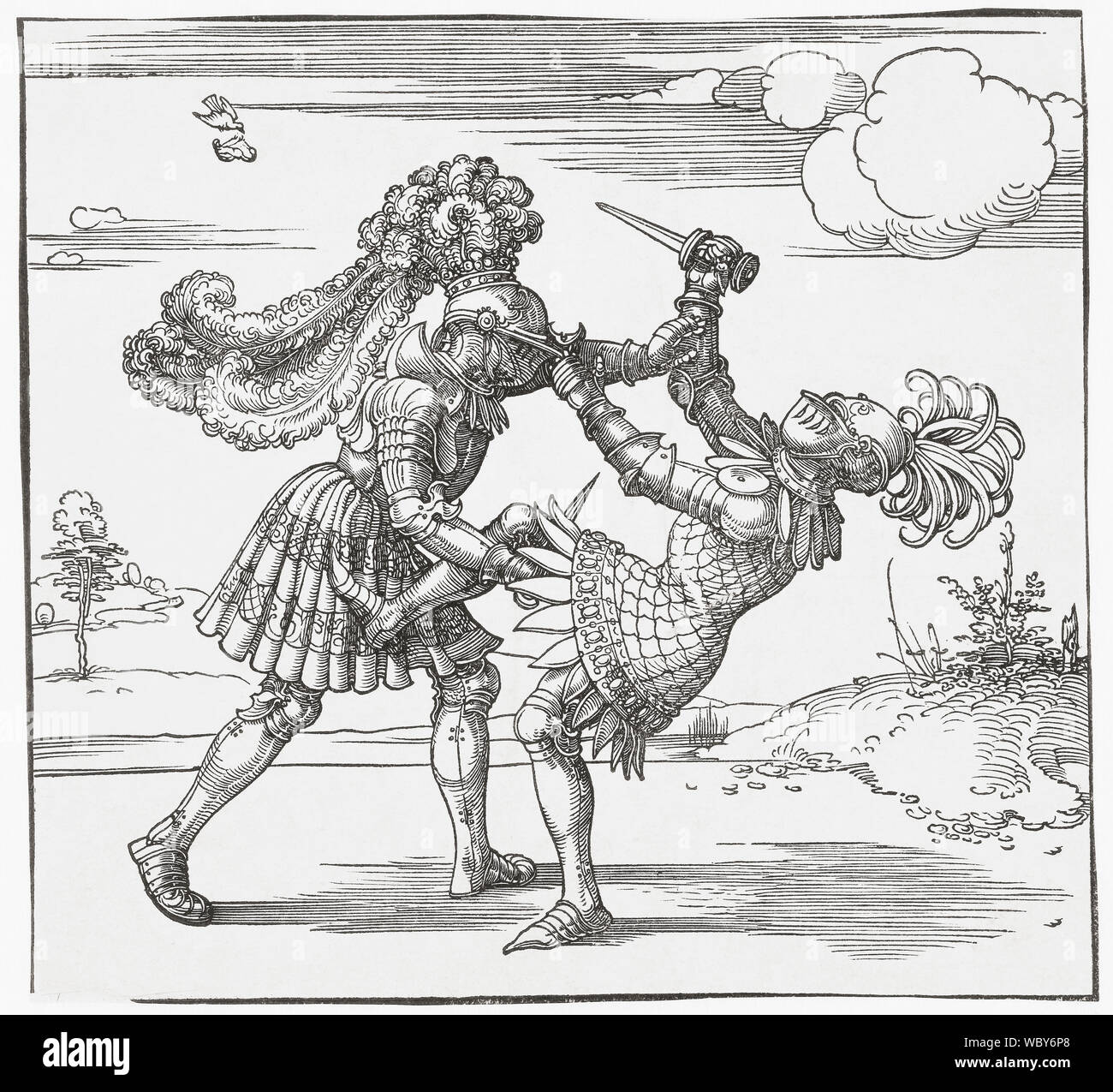 Un chevalier nommé Freydal bat un autre nommé Jörg von Weisspriach dans le combat corps à corps, deux armés seulement de poignards. Partie d'une série d'illustrations sur le chevalier Freydal par Albrecht Dürer. Banque D'Images