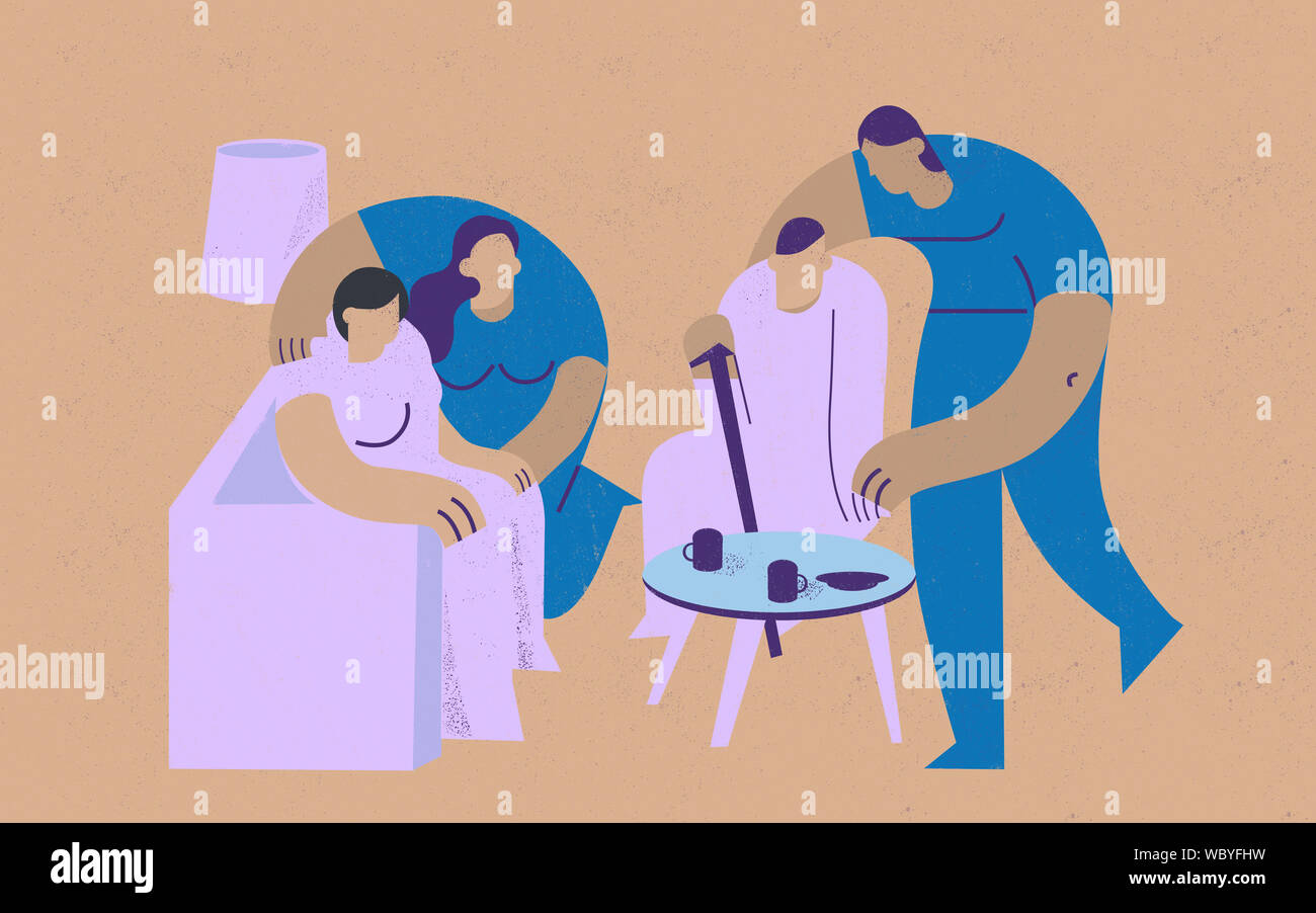 Les patients reçoivent des soins et soutien de l'aide fournir par santé aidants. Illustration conceptuelle minimaliste. Les couleurs rose et bleu. Banque D'Images