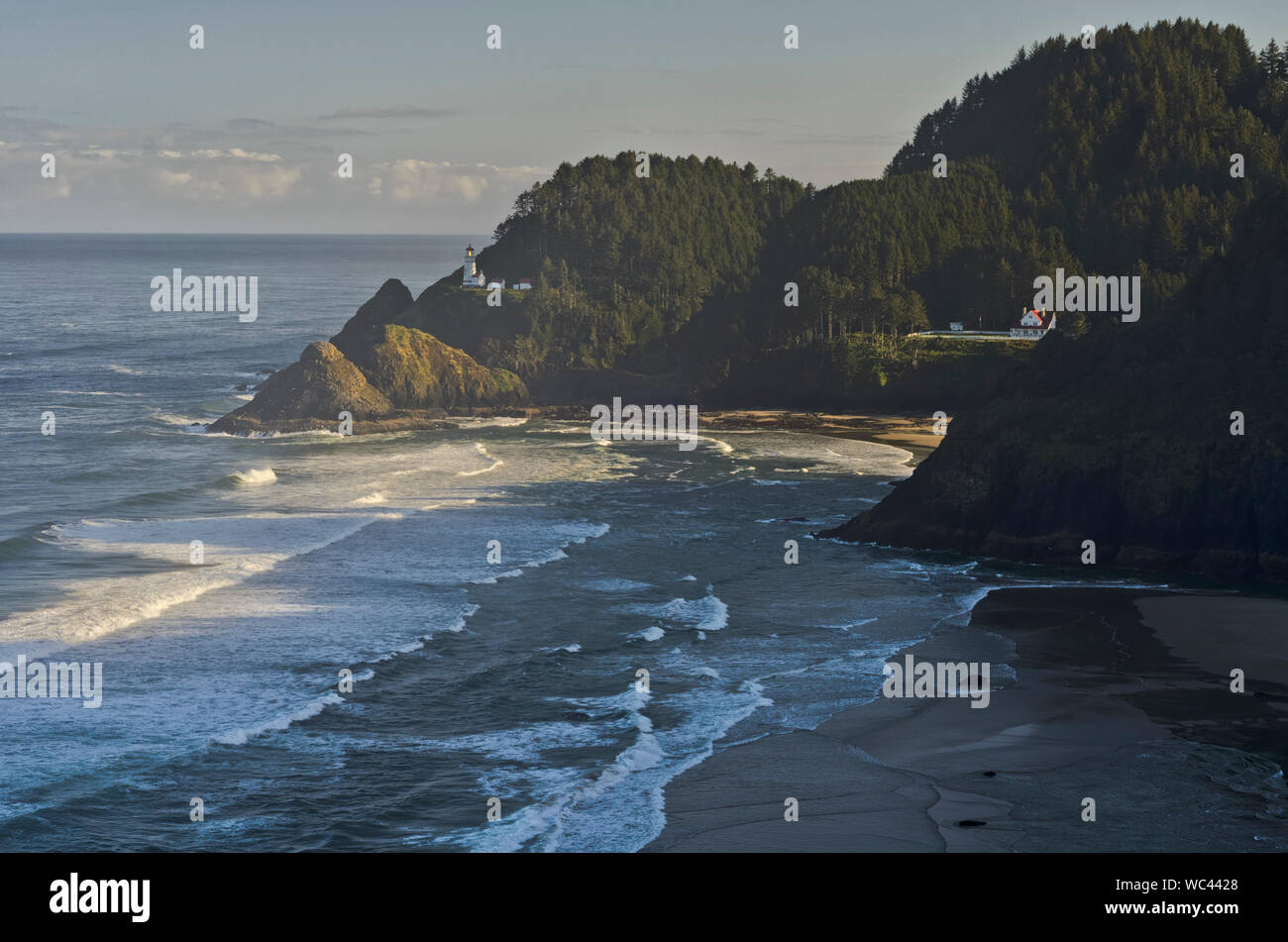 Sur la côte de l'Oregon, se dresse au sommet du phare de Heceta Head falaises surplombant une plage isolée, vu de l'US 101, la côte du Pacifique Scenic Byway. Banque D'Images