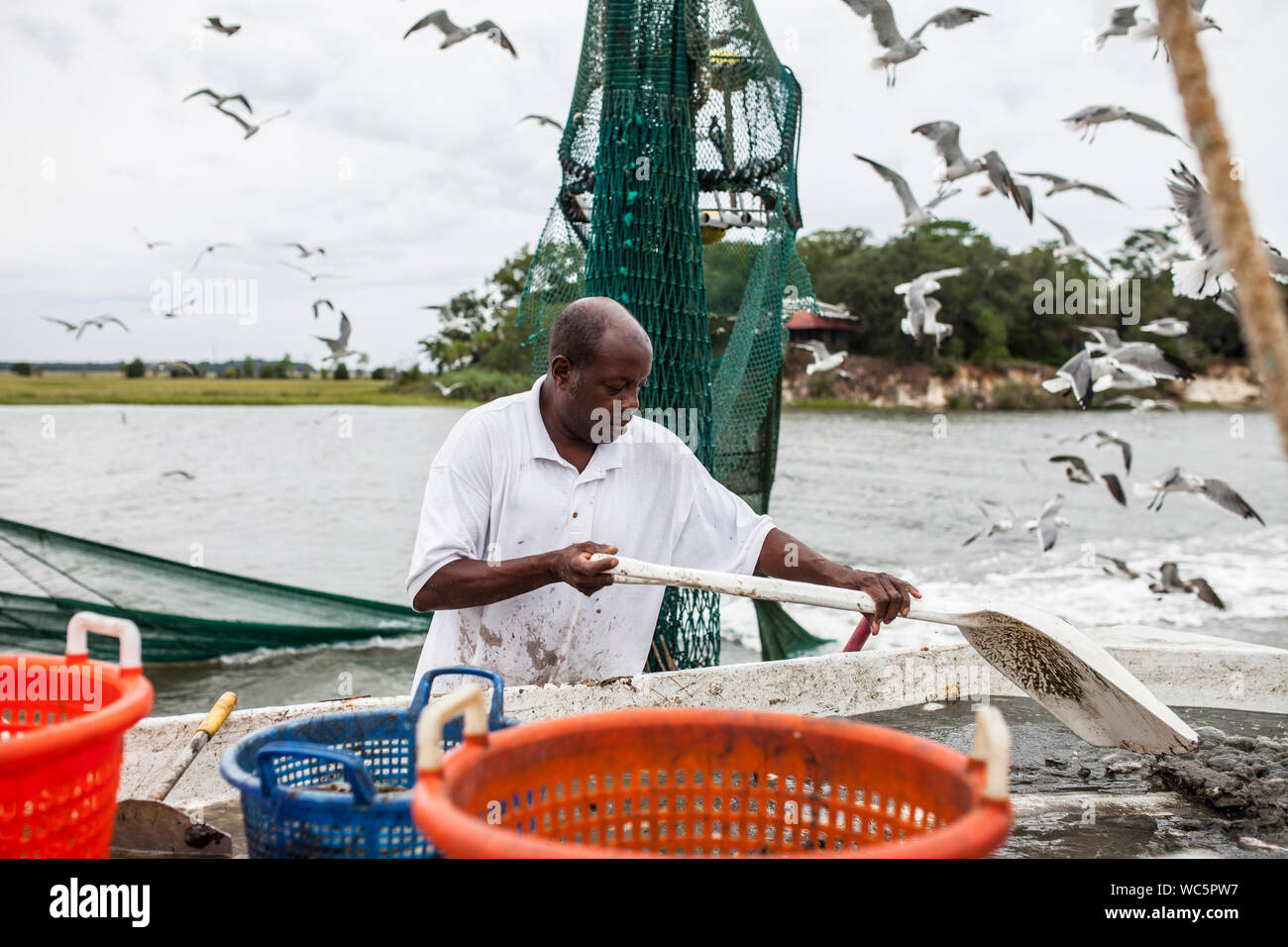 African American pêcheur commercial travaillant sur le pont d'un chalutier de pêche Banque D'Images