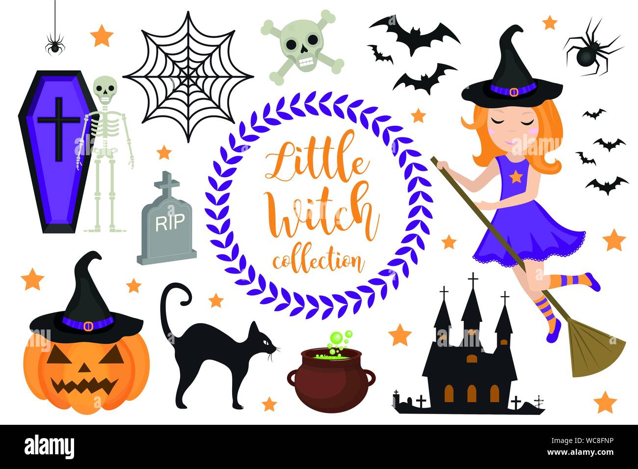 Mignon petit jeu halloween sorcière objets. Collection design élément avec la citrouille, chapeau de sorcière, spider, skull, Coffin, bat. Enfant Bébé Funny clip art Illustration de Vecteur