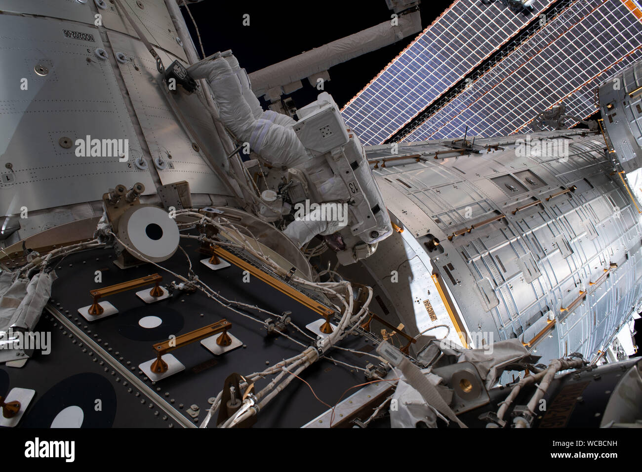 L'astronaute de la NASA au cours d'une sortie dans l'Haye Nick à l'extérieur de la Station spatiale internationale le 21 août 2019, dans l'orbite de la Terre. La Haye et ses collègues Andrew astronaute Morgan a passé six heures et 32 minutes sur une sortie extravéhiculaire pour installer le deuxième port d'amarrage du véhicule de l'équipe commerciale, pour accueillir les futurs arrivants de Boeing CST-100 Starliner et SpaceX Dragon de l'équipage l'équipage commercial satellite. Banque D'Images