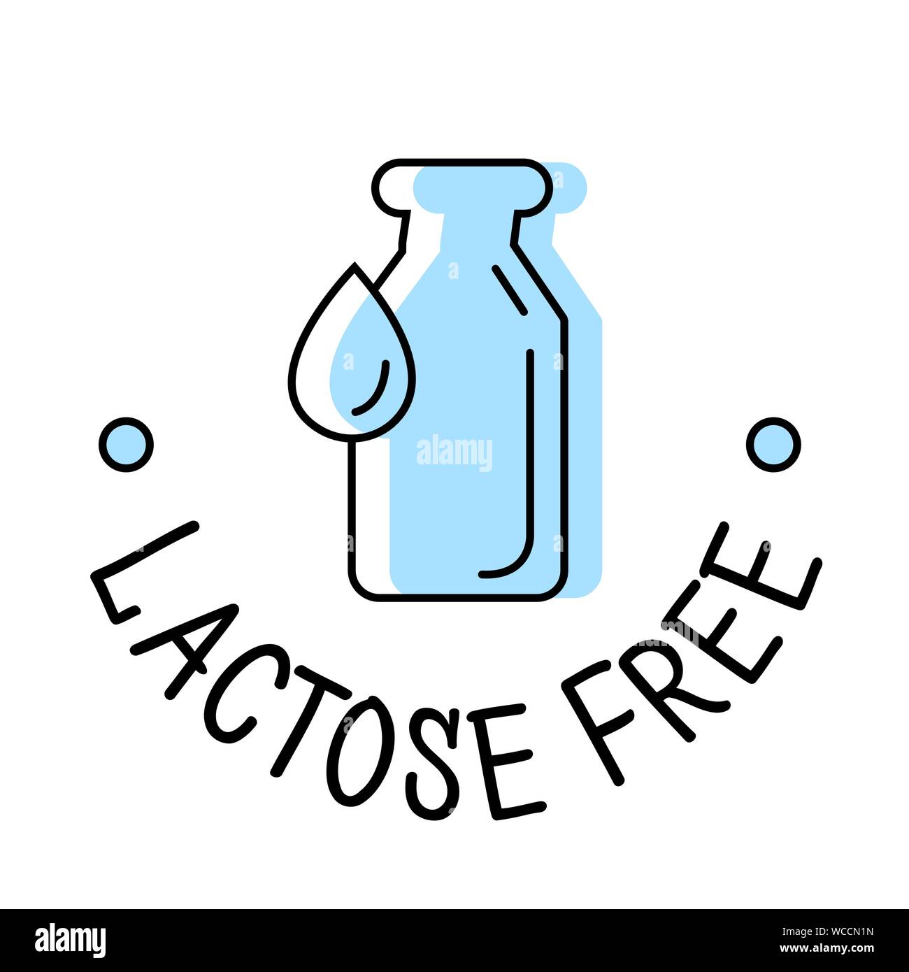 L'étiquette du produit sans lactose icône logo bleu avec bouteille de lait et drop, modèle pour l'emballage alimentaire, vector Illustration de Vecteur