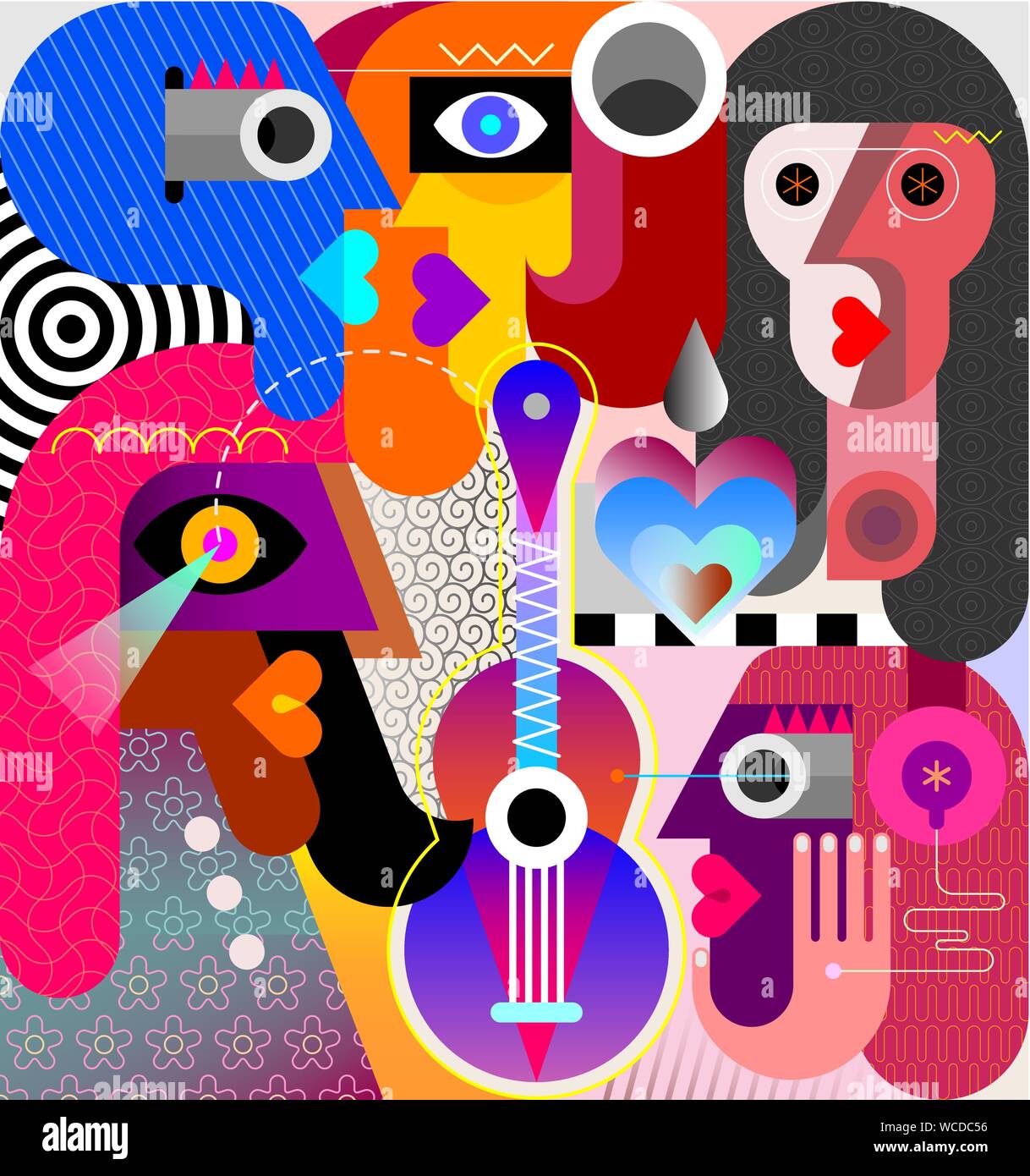 Cinq personnes et une seule guitare art abstrait moderne illustration vectorielle. Femme portant un casque. Illustration de Vecteur