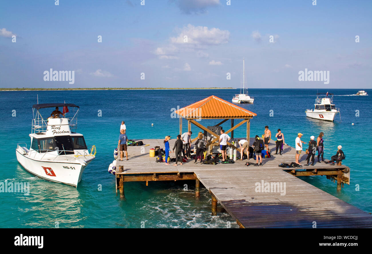 Scuba Diver on Jetty, attendent les bateaux de plongée, Captain Don's Habitat, Resort et hôtel de plongée, Kralendijk, Bonaire, Antilles néerlandaises Banque D'Images