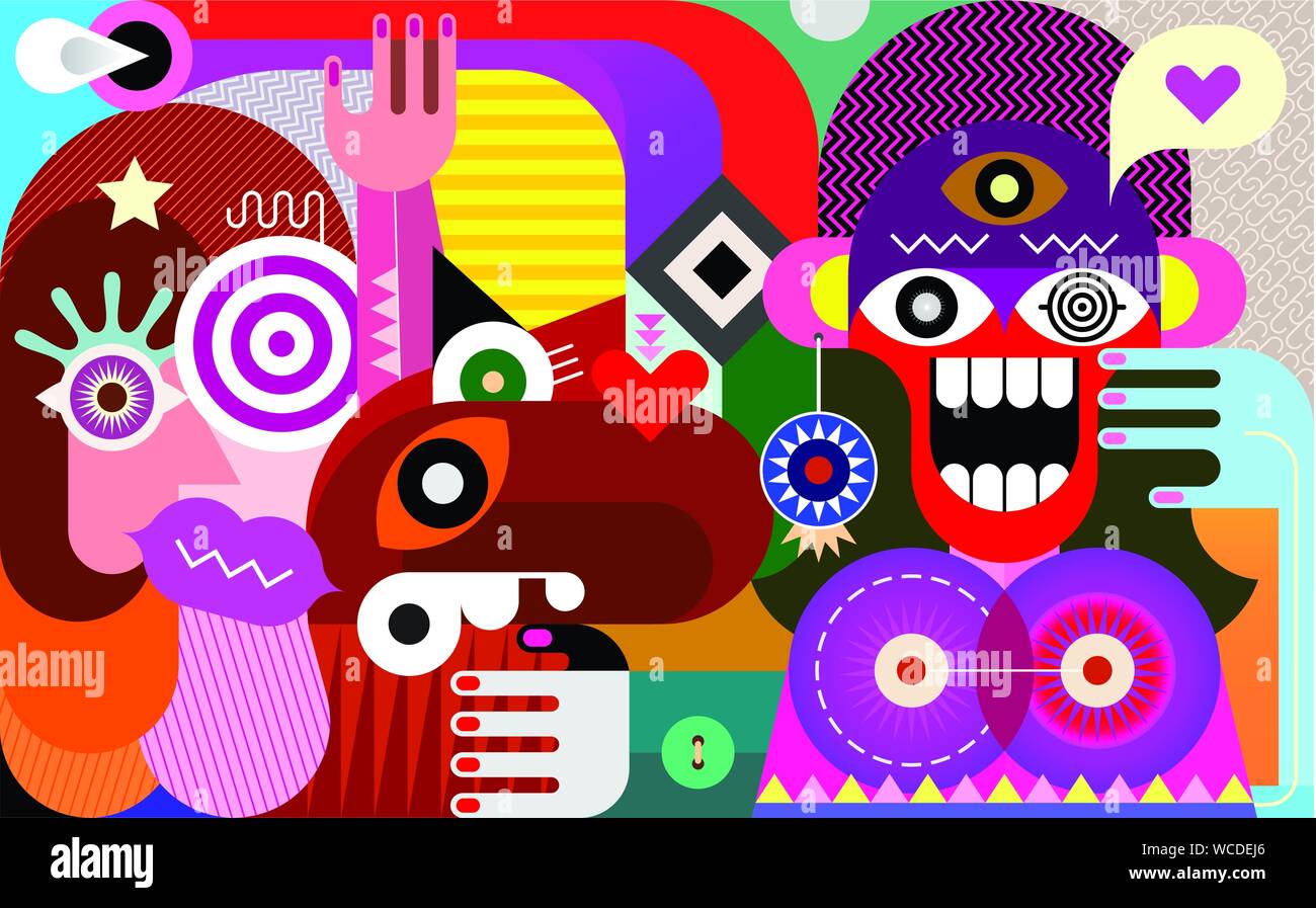 Et joyeuse surprise femme et ses amis dans le domaine de l'illustration vectorielle de fantaisie. Illustration de Vecteur