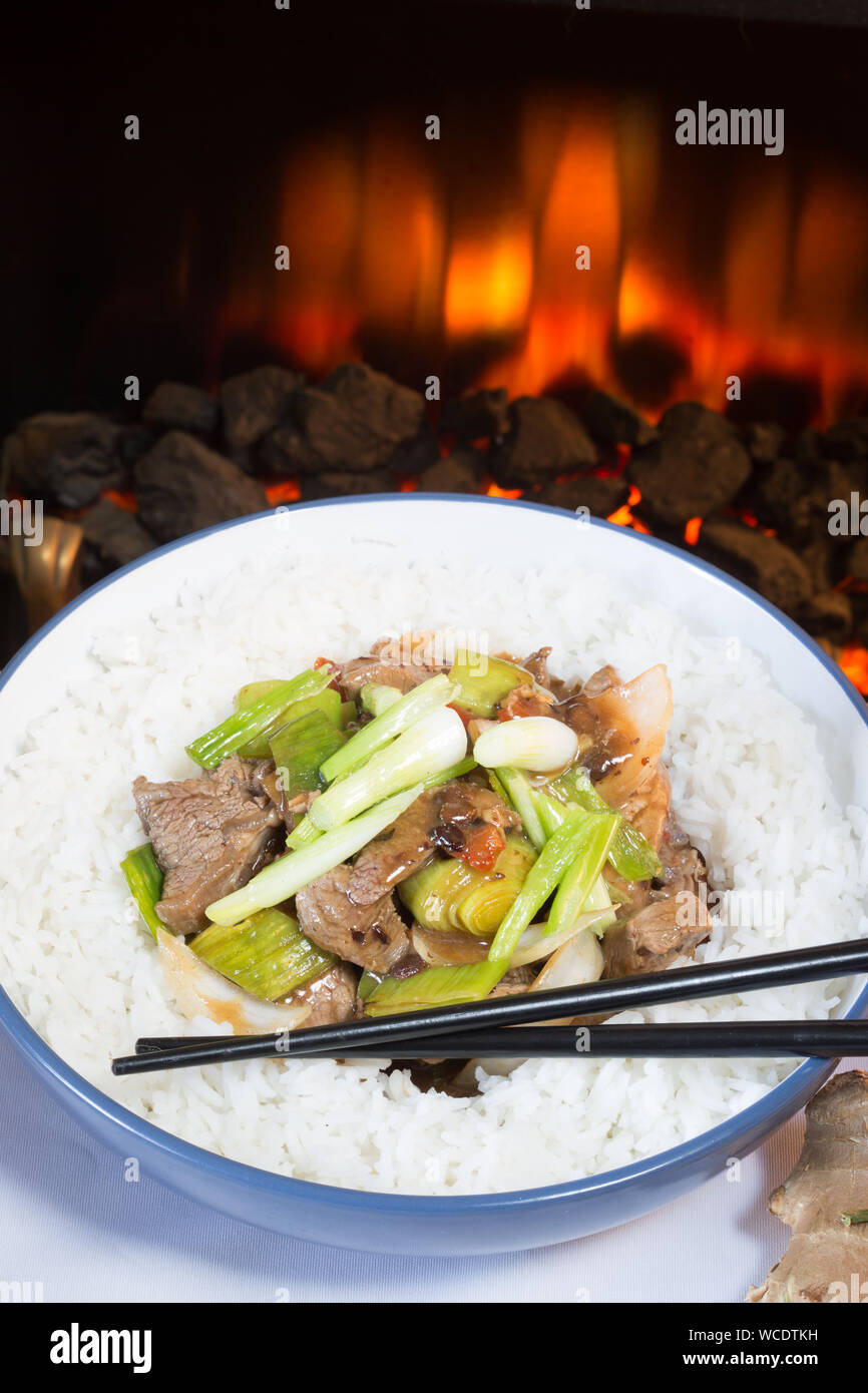 Boeuf sauté à la chinoise et les poireaux servi avec du riz blanc bouilli Banque D'Images