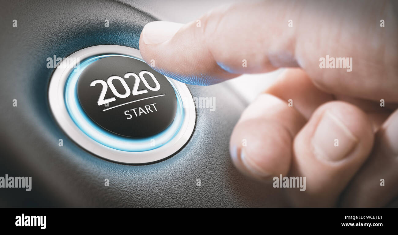 À propos de doigt d'appuyer sur un bouton d'allumage de voiture avec le texte de début 2020. L'an deux mille vingt concept. Banque D'Images