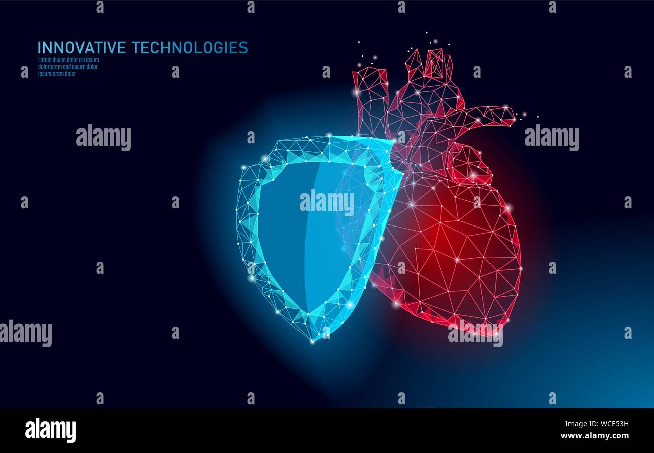 Cœur humain 3d protection Shield médecine faible poly concept. Triangle rouge pharmacie arrière-plan. Compléter le vecteur de reconstruction de récupération Illustration de Vecteur