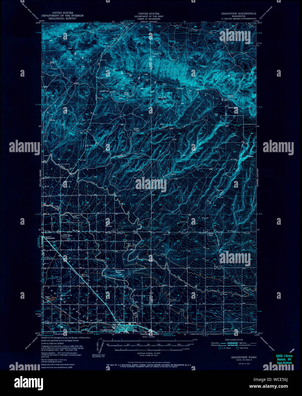 L'État de Washington, de l'USGS Topo Map WA Grandview 2413801951 62500 Restauration inversé Banque D'Images