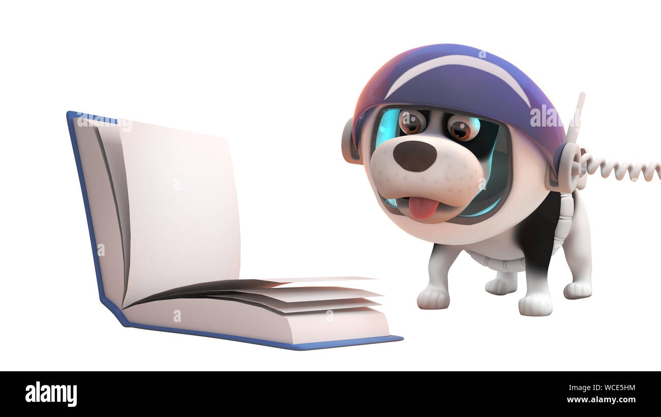 Chiot mignon 3d dog wearing astronaut spacesuit lire un livre dans l'apesanteur, illustration 3D render Banque D'Images