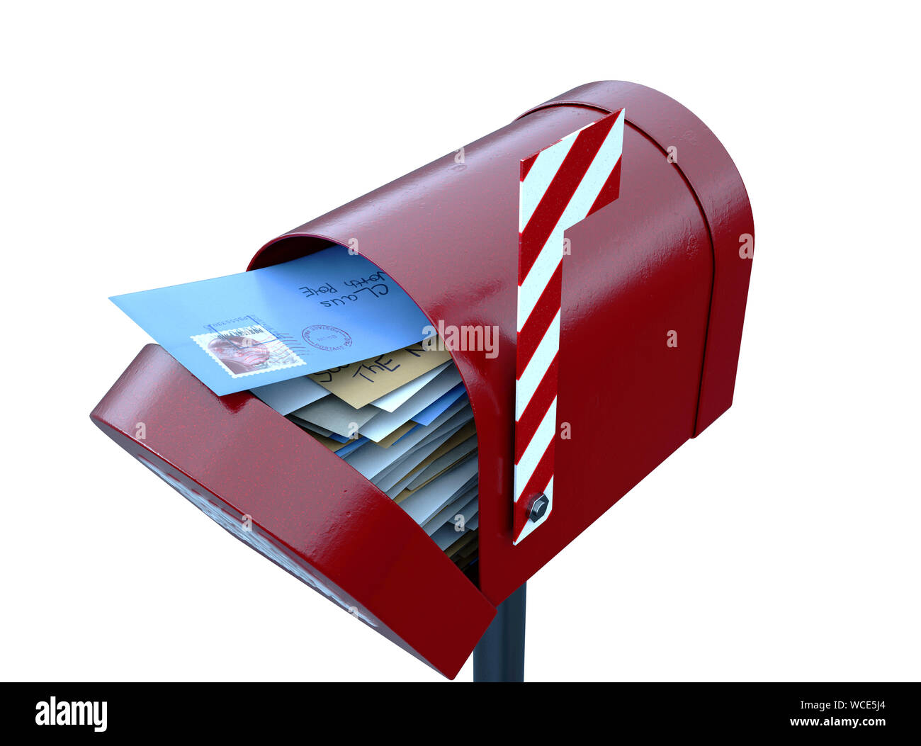 Un concept de Noël représentant une boîte aux lettres rouges appartenant à santa clause regorge de cadeaux pour enfants lettres à lui sur un blanc isolé ba Banque D'Images