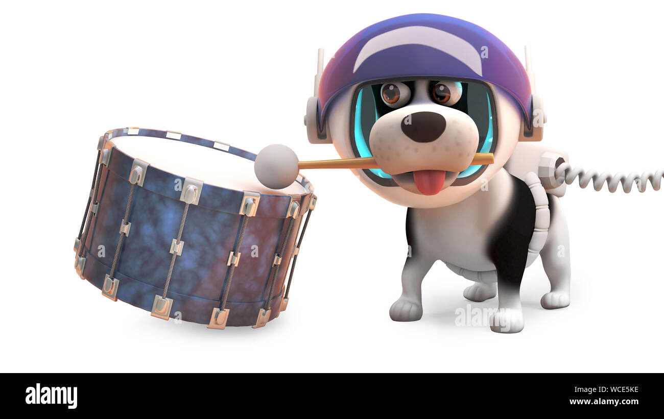 3d Chiot Chien avec spots en scaphandre des coups sur un tambour, illustration 3D render Banque D'Images