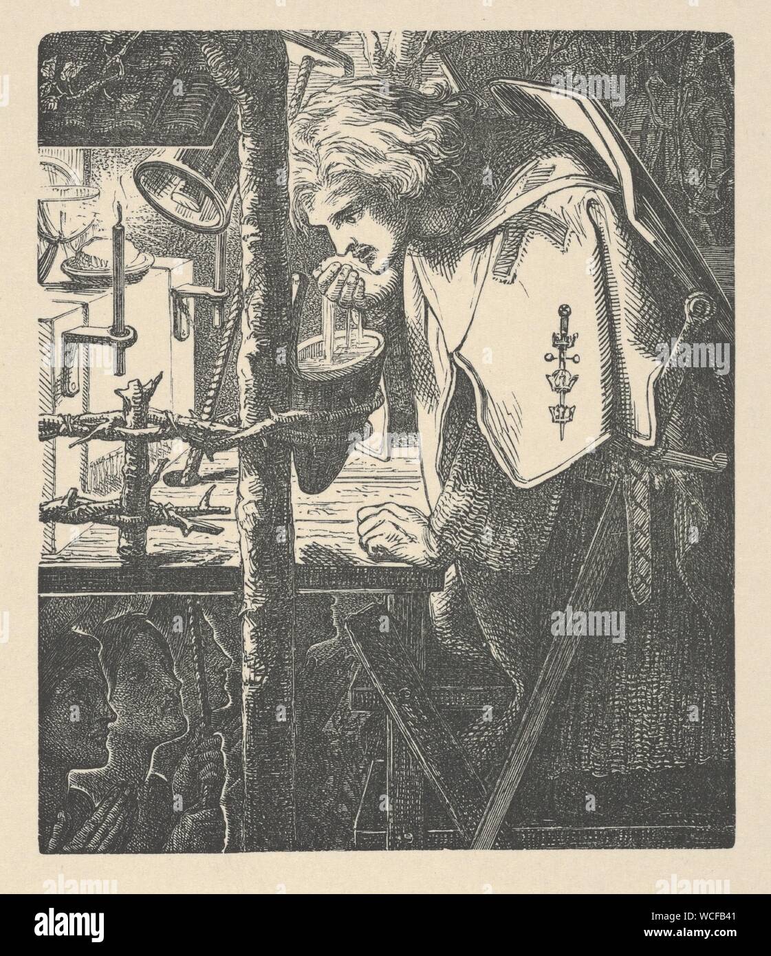 Sir Galahad (à partir de poèmes de Tennyson, New York, 1903). Artiste : Après Dante Gabriel Rossetti (britannique, Londres 1828-1882 Birchington-on-Sea). Dimensions : Image : 3 11/16 x 3 1/16 in. (9,4 × 7,8 cm) Feuille : 8 × 6 9/16 5/16 in. (21,7 × 16 cm). Graveur : William James Linton (britannique, Londres 1812-1897 New Haven, Connecticut). Date : 1857-1903. Rossetti's 1857 illustrations de Tennyson--réédité ici en 1903--intégrer des effets étonnants provenant de l'époque médiévale et du début de la renaissance de l'espace art s'effondre, les formulaires sont coupées, et les détails narratifs sont insérées sans souci de perspective classique. S Banque D'Images