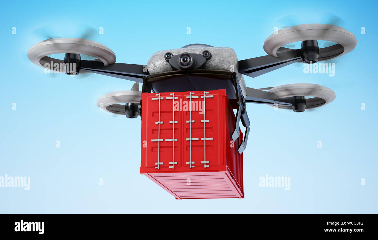 Drone sans pilote transportant des marchandises contenant. 3D illustration. Banque D'Images