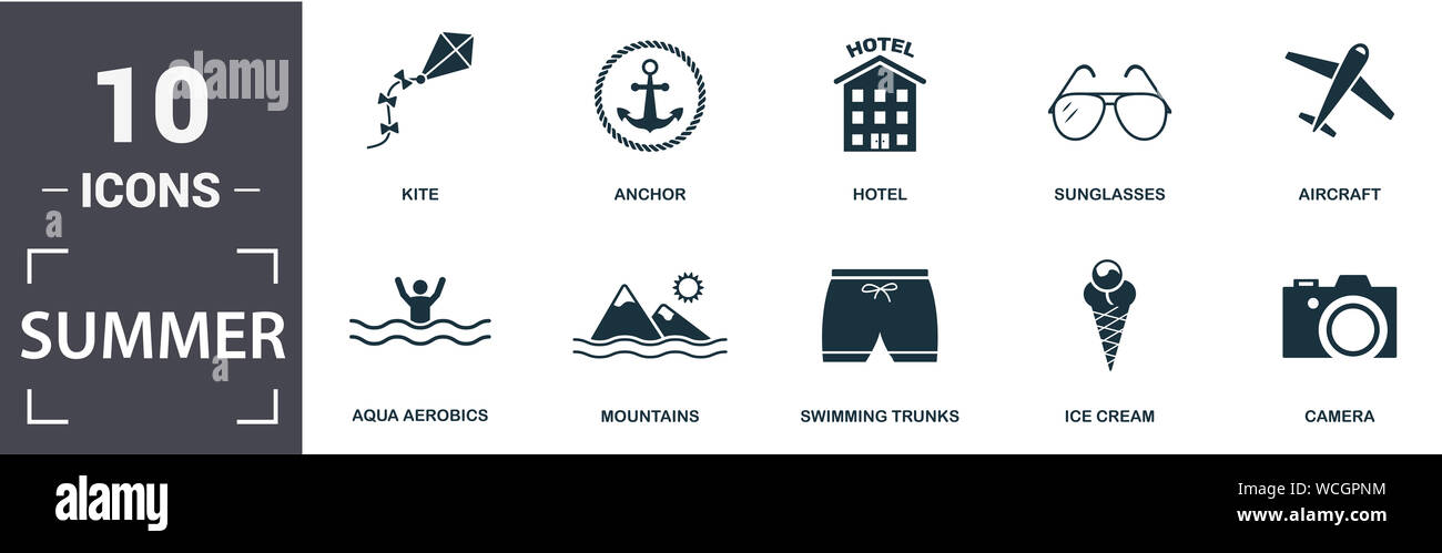 L'icône d'été ensemble. Télévision, appareil photo rempli contiennent des lunettes de soleil, avion, hôtel, maillot de bain, crème glacée d'icônes. Format modifiable Banque D'Images